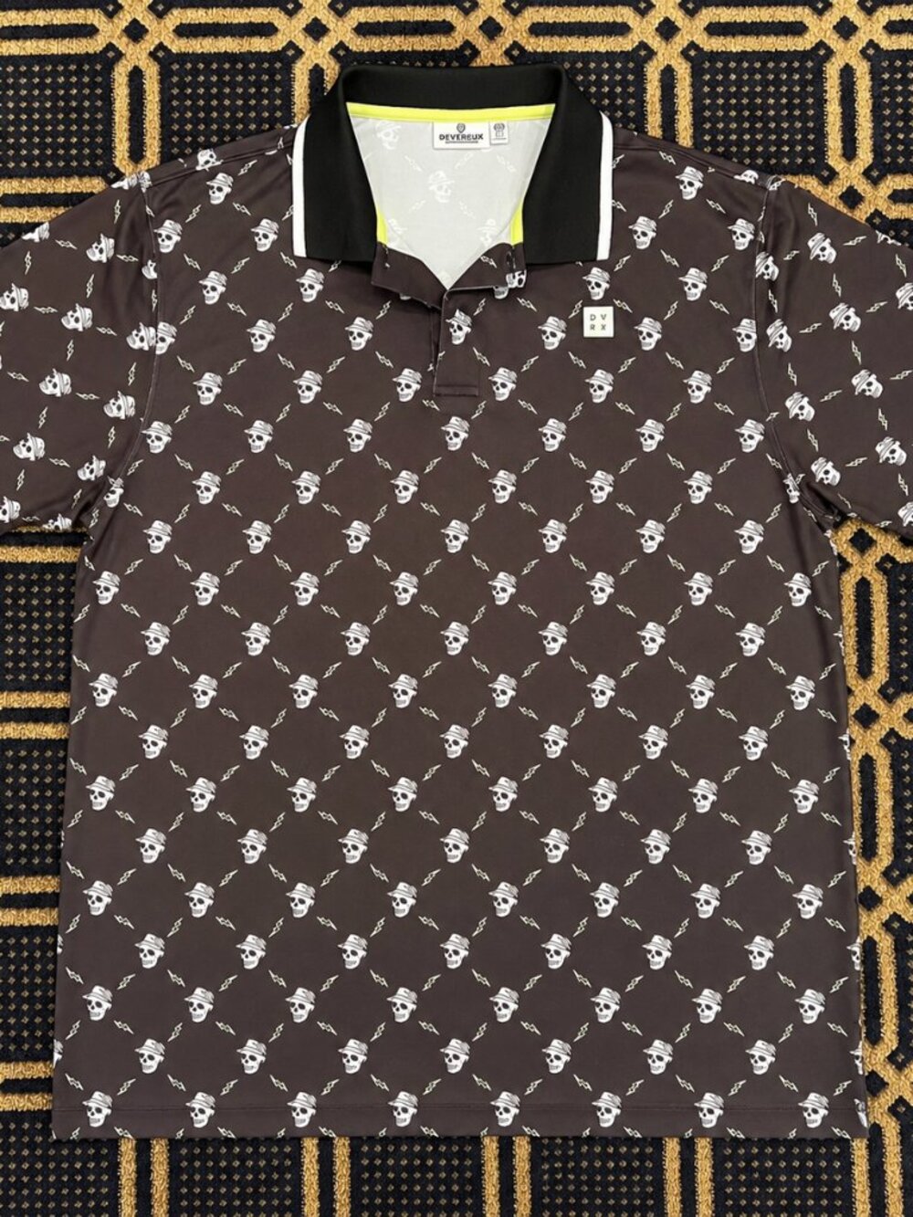 Devereux Golf Skull & Lightning Print Polo Men’s XXL Brown Black Performance